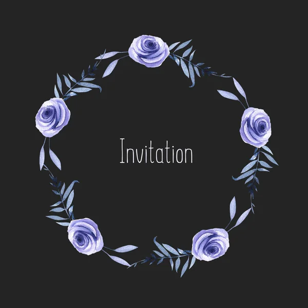 Watercolor Blue Roses Leaves Wreath Greeting Card Template Hand Painted — Stock Photo, Image