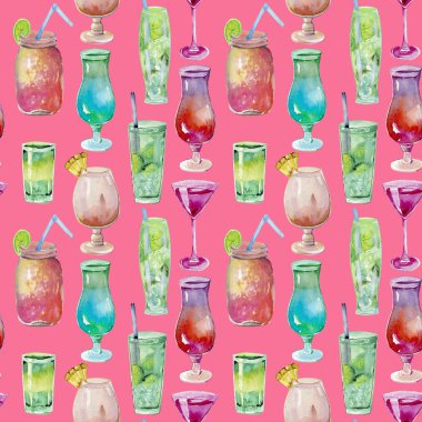 Suluboya kokteyller seamless modeli, el boyalı bir pembe