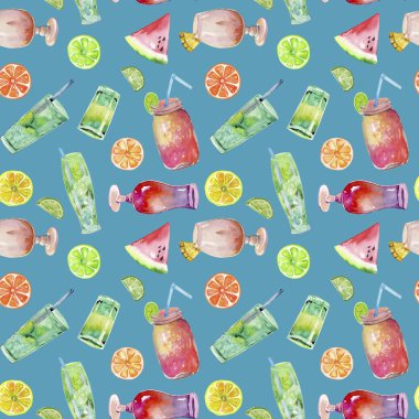 Suluboya kokteyller ve meyve seamless modeli, el boyalı mavi bir arka plan üzerinde