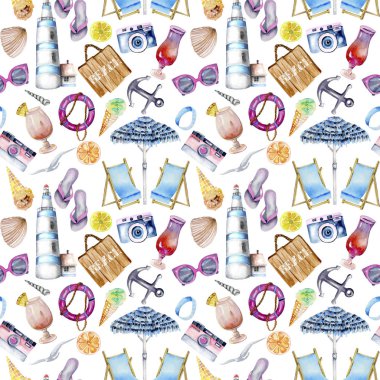 Beyaz bir arka plan üzerine suluboya öğelerinde yaz ve beach Tema, el ile Seamless Modeli boyalı