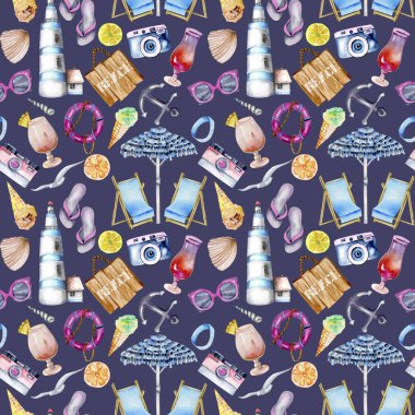 Yaz ve beach Tema, el suluboya elemanları ile Seamless Modeli koyu mavi bir arka plan üzerinde boyalı