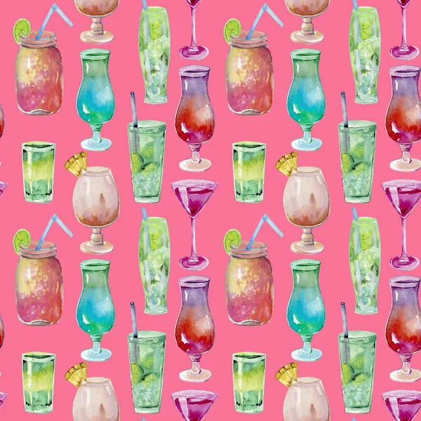 Watercolor Cocktails Seamless Pattern Hand Painted Pink Background — Stock Photo, Image