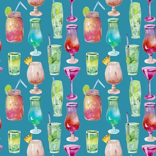 Watercolor Cocktails Seamless Pattern Hand Painted Blue Background — Stock Photo, Image