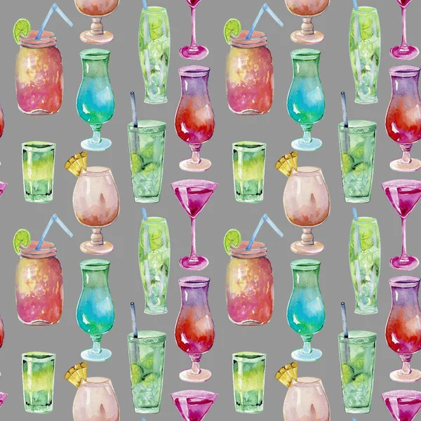Watercolor Cocktails Seamless Pattern Hand Painted Grey Background — Stock Photo, Image