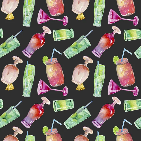 Watercolor Cocktails Seamless Pattern Hand Painted Dark Background — Stock Photo, Image