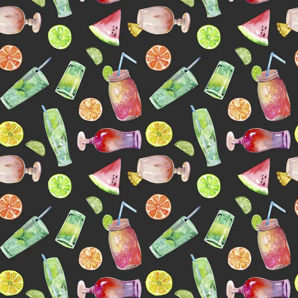 Watercolor cocktails and fruits seamless pattern, hand painted on a dark background