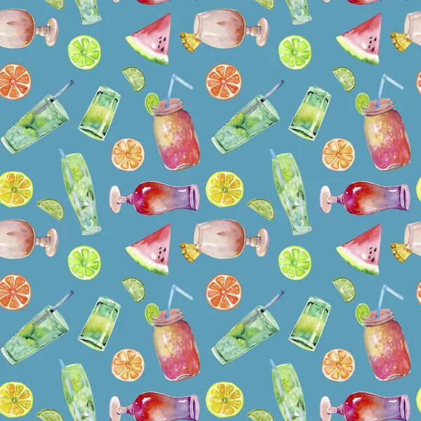 Watercolor cocktails and fruits seamless pattern, hand painted on a blue background