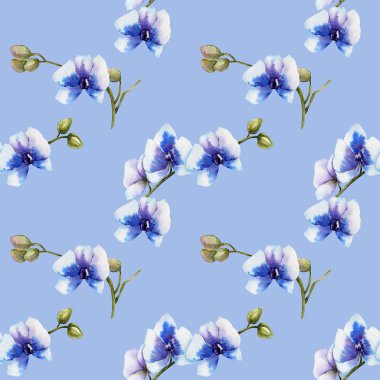 Suluboya mavi orkide seamless modeli, el boyalı mavi bir arka plan üzerinde