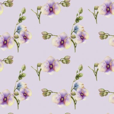 Suluboya mor orkideler seamless modeli, el boyalı bir ışık mor arka plan üzerinde