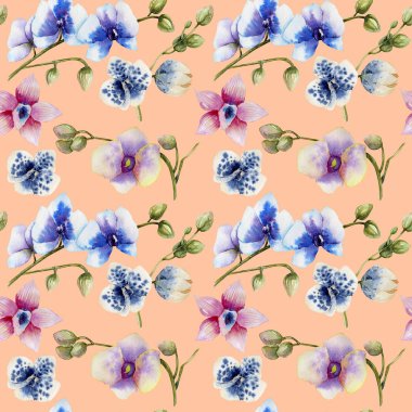 Farklı çeşitleri seamless modeli, suluboya çok renkli orkide el şeftali bir arka plan üzerine boyalı