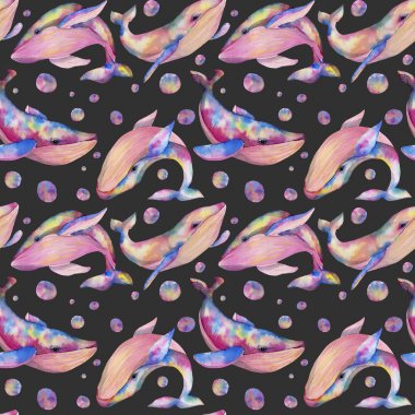 Dikişsiz desen suluboya balinalar ile el boyalı karanlık bir arka plan üzerinde