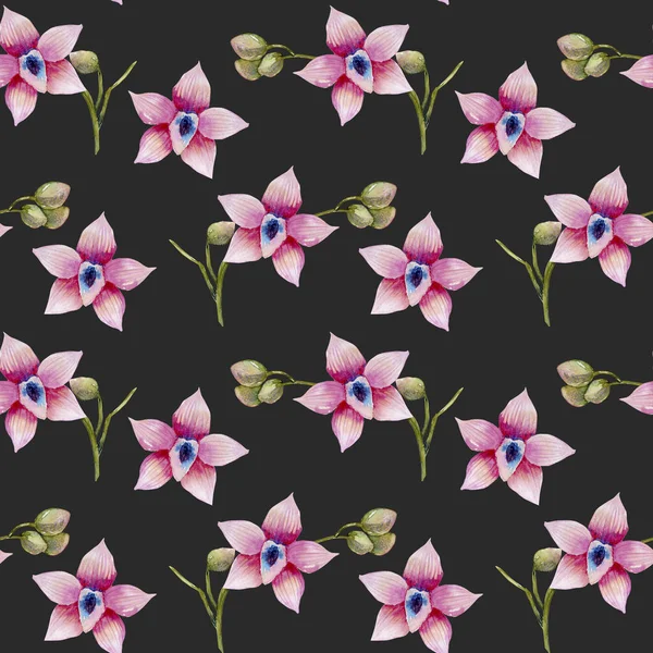 Aquarell Rosa Orchideen Nahtloses Muster Handgemalt Auf Dunklem Hintergrund — Stockfoto