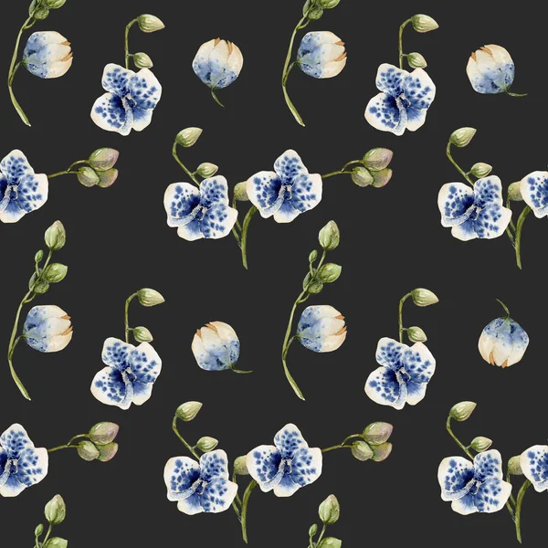 Vattenfärg Blå Fläckig Orkidéer Sömlösa Mönster Handmålad Mörk Bakgrund — Stockfoto