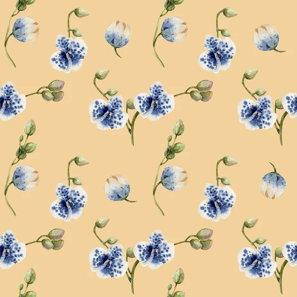 Vattenfärg Blå Fläckig Orkidéer Sömlösa Mönster Handmålad Persika Bakgrund — Stockfoto
