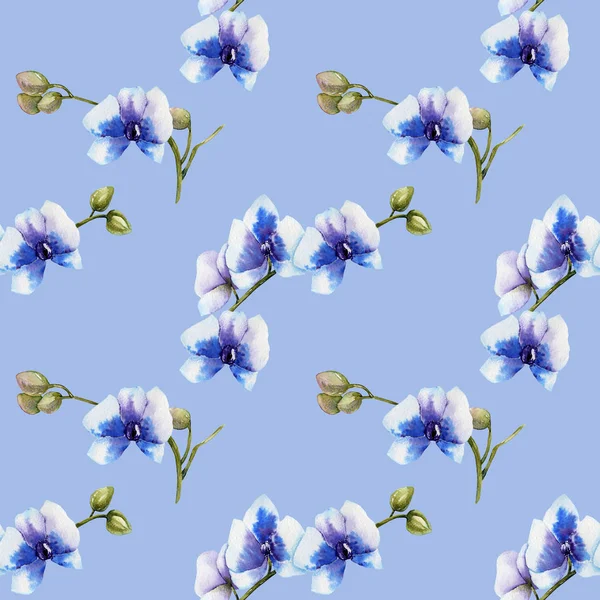 Akvarell Kék Orchidea Varrat Nélküli Mintát Kézzel Festett Kék Háttérrel — Stock Fotó