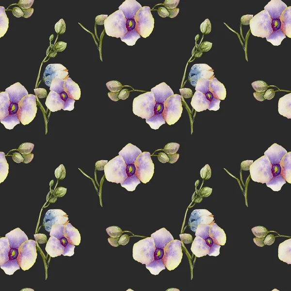 Watercolor Purple Orchids Seamless Pattern Hand Painted Dark Background — Stock Photo, Image