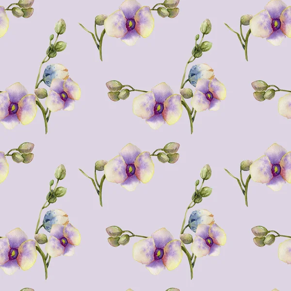 Watercolor Purple Orchids Seamless Pattern Hand Painted Light Purple Background — Stock Photo, Image