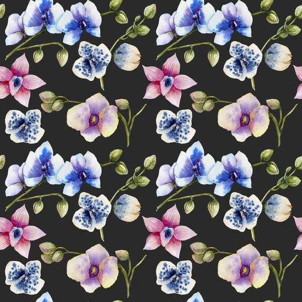 Watercolor Multicolored Orchids Different Varieties Seamless Pattern Hand Painted Dark — Stock Photo, Image