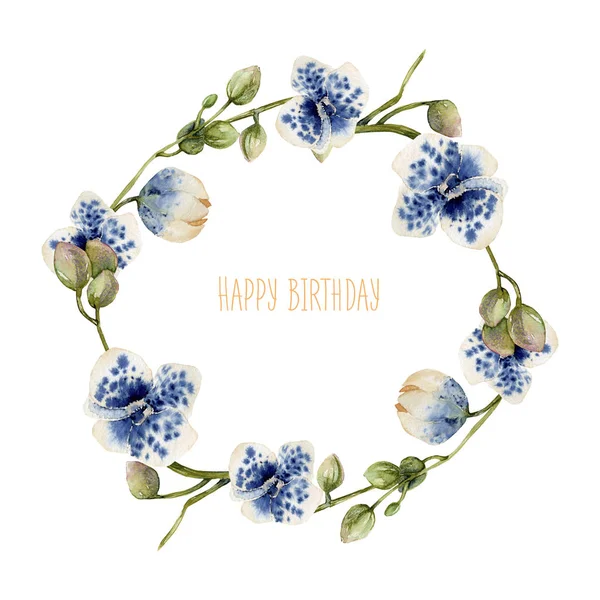 Watercolor Blue Spotted Orchids Wreath Hand Painted White Background Happy — Stock Photo, Image