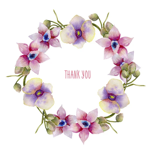 水彩粉红色和紫色兰花花环 手绘白色背景 感谢您卡设计 — 图库照片