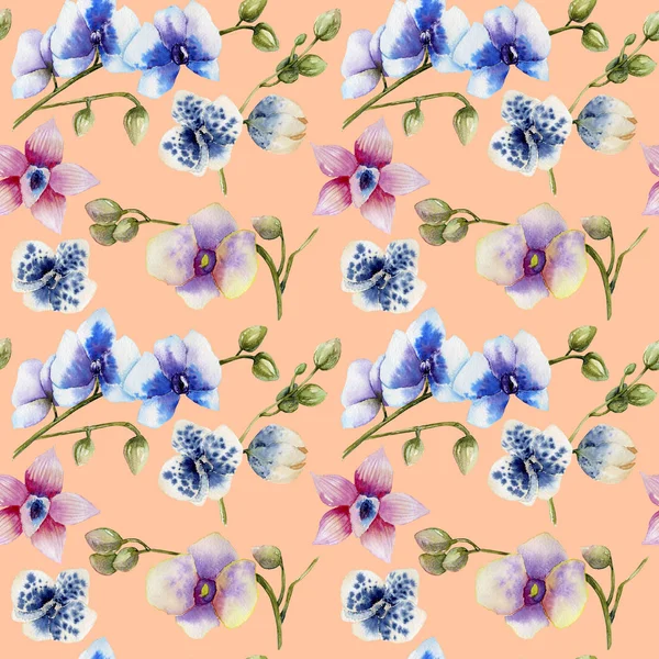 Watercolor Multicolored Orchids Different Varieties Seamless Pattern Hand Painted Peach — Stock Photo, Image