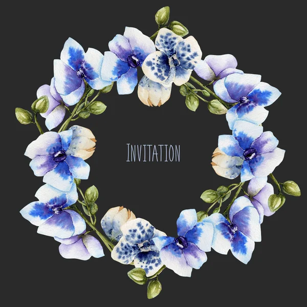 Watercolor Blue Orchids Wreath Hand Painted Dark Background — Stock Photo, Image