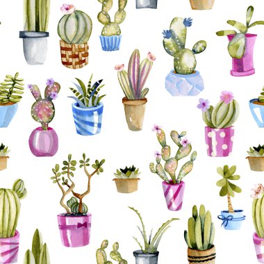 Bir tencere dikişsiz desen, suluboya kaktüsler el beyaz bir arka plan üzerine boyalı