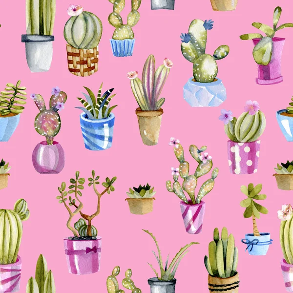 Watercolor Cactuses Pots Seamless Pattern Hand Painted Pink Background — Stock Photo, Image