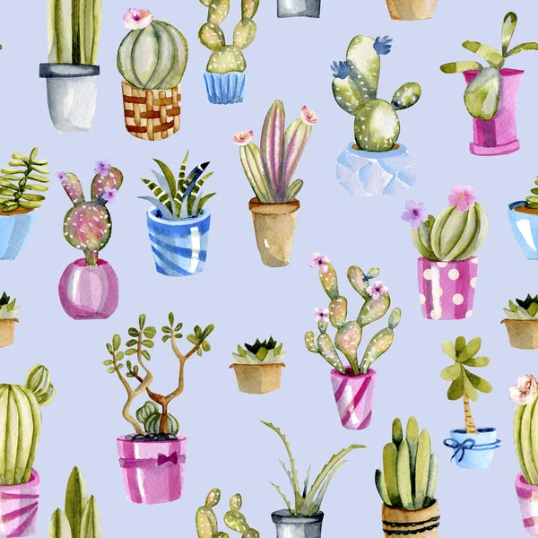 Akwarela Kaktusy Doniczkach Jednolity Wzór Ręcznie Malowane Niebieskim Tle — Zdjęcie stockowe