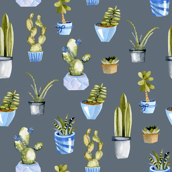 Akvarell Kaktusar Blå Krukor Sömlösa Mönster Handmålad Blå Bakgrund — Stockfoto