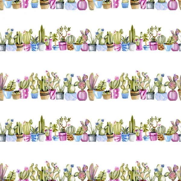 Cactus Acuarela Patrón Sin Costuras Ollas Pintado Mano Sobre Fondo —  Fotos de Stock