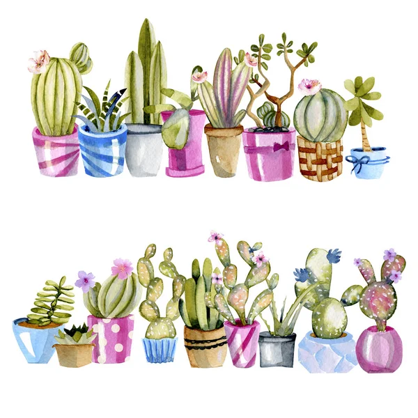 Cactus Acuarela Macetas Ilustraciones Pintadas Mano Sobre Fondo Blanco — Foto de Stock