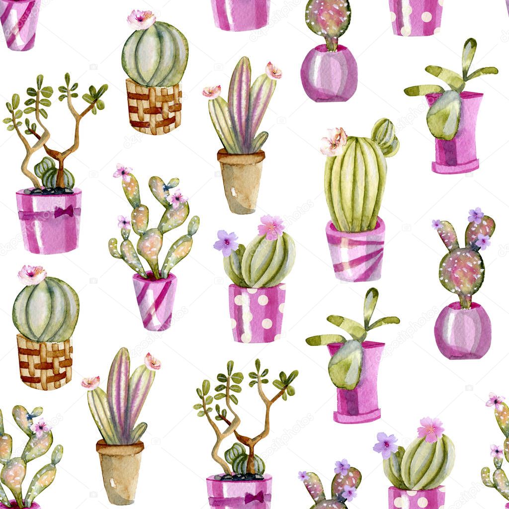 Watercolor cactuses in a pink pots seamless pattern, hand painted on a white background