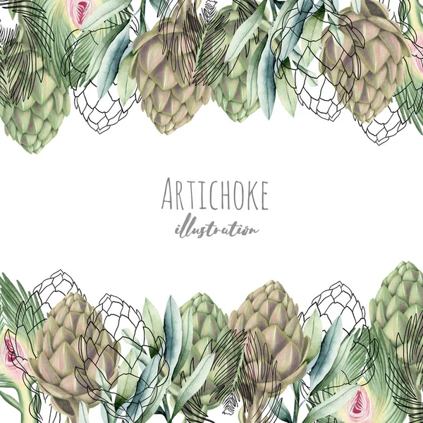 Card Template Watercolor Graphic Artichoke Hand Drawn White Background Wedding — Stock Photo, Image