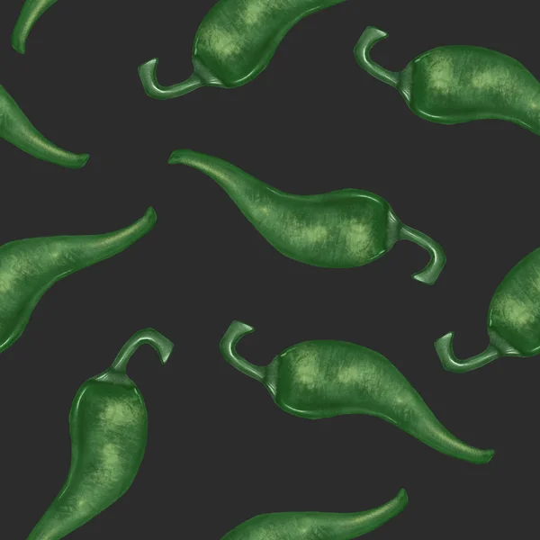 Seamless Pattern Green Peppers Hand Drawn Dark Background — Stock Photo, Image