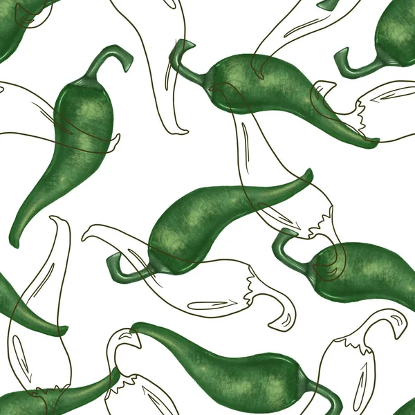 Безшовний Візерунок Зеленим Перцем Графічний Стиль Рука Намальована Білому Тлі — стокове фото