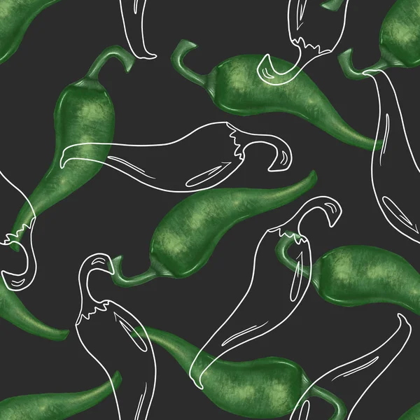 Безшовний Візерунок Зеленим Перцем Графічний Стиль Рука Намальована Темному Тлі — стокове фото