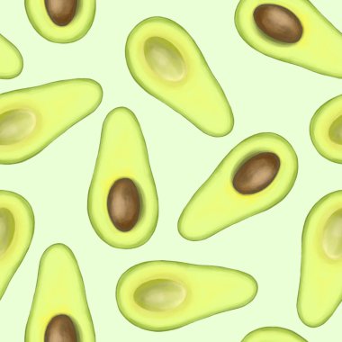 Avokado elle çizilmiş kusursuz desen yeşil bir arkaplanda izole edilmiş.