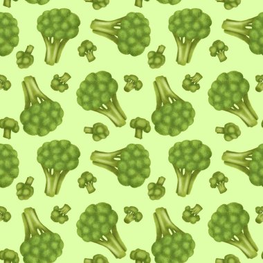 Brokolili kusursuz desen, yeşil arka planda el çizimi.