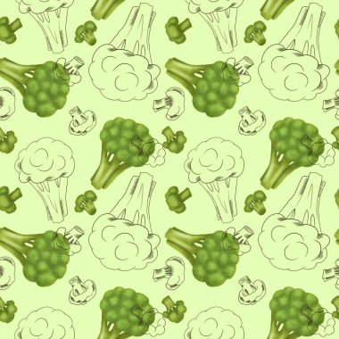 Brokoli ile pürüzsüz desen, yeşil bir arka planda el çizimi tarzı