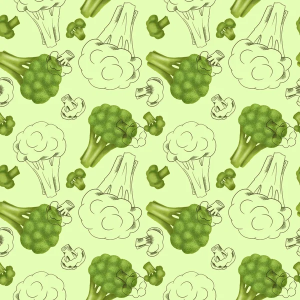 Nahtloses Muster Mit Brokkoli Handgezeichnet Skizzenstil Auf Grünem Hintergrund — Stockfoto