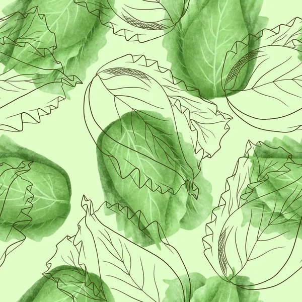 Płynny Wzór Kapustą Ręcznie Rysowane Stylu Szkicowym Zielonym Tle — Zdjęcie stockowe