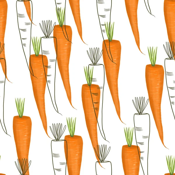 Seamless pattern with carrots, hand drawn in sketch style on a white background
