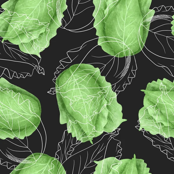 Seamless pattern with cabbage, hand drawn in sketch style on a dark background — Stock Image Seamless Pattern Cabbage Hand Drawn Sketch Style Dark Background Stock Image