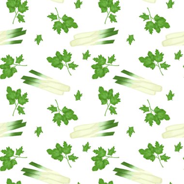 Seamless pattern with parsley and green onions, hand drawn on a white background
