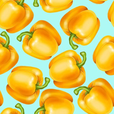 Sarı dolma biberli kusursuz desen, parlak mavi arka planda el çizimi.