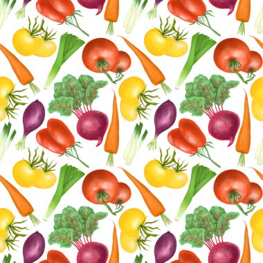Kırmızı ve sarı organik sebzeler (domates, havuç, pancar, mor soğan) ile kusursuz desen, beyaz arka planda el çizimi
