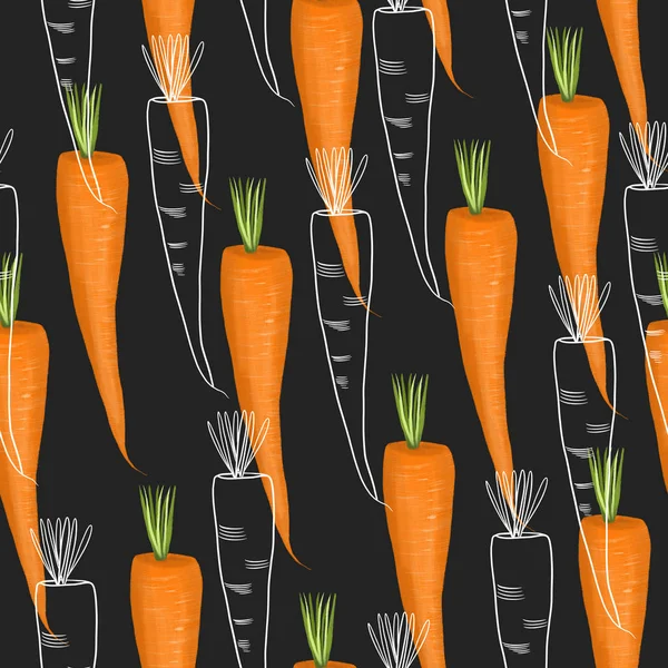 Seamless pattern with carrots, hand drawn in sketch style on a dark background