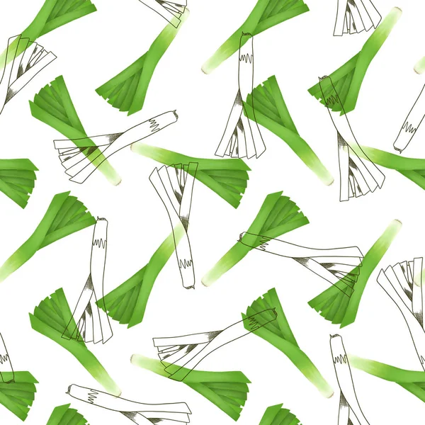 白を基調としたスケッチスタイルで描かれた緑のネギと手のシームレスなパターン — ストック写真