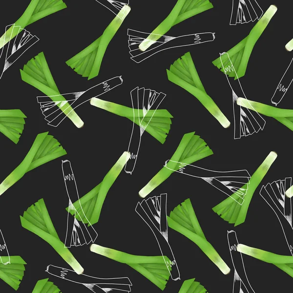 Nahtloses Muster Mit Grünem Lauch Handgezeichnet Skizzenstil Auf Dunklem Hintergrund — Stockfoto
